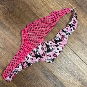 Pink Heart-Print One-Piece Swimsuit with Hot Pink Mesh Detail